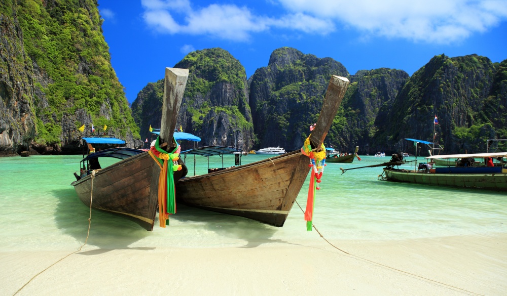 Long tail wooden boats at Maya Bay-Phi Phi Islands-Thailand