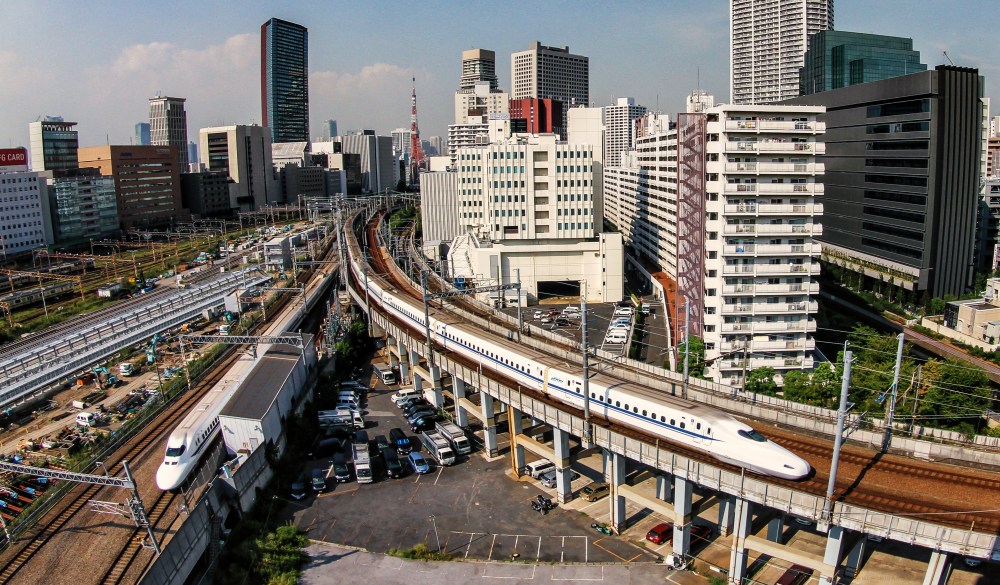 Tokyo Skyline with trains Shinkansen, bucket list