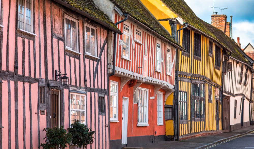 Half-timbered medieval cottages, Water Street, Lavenham, Suffolk, England, United Kingdom, travel gems in europe