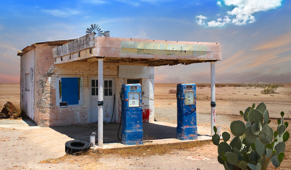 Retro Style Scene of old gas station in Arizona Desert