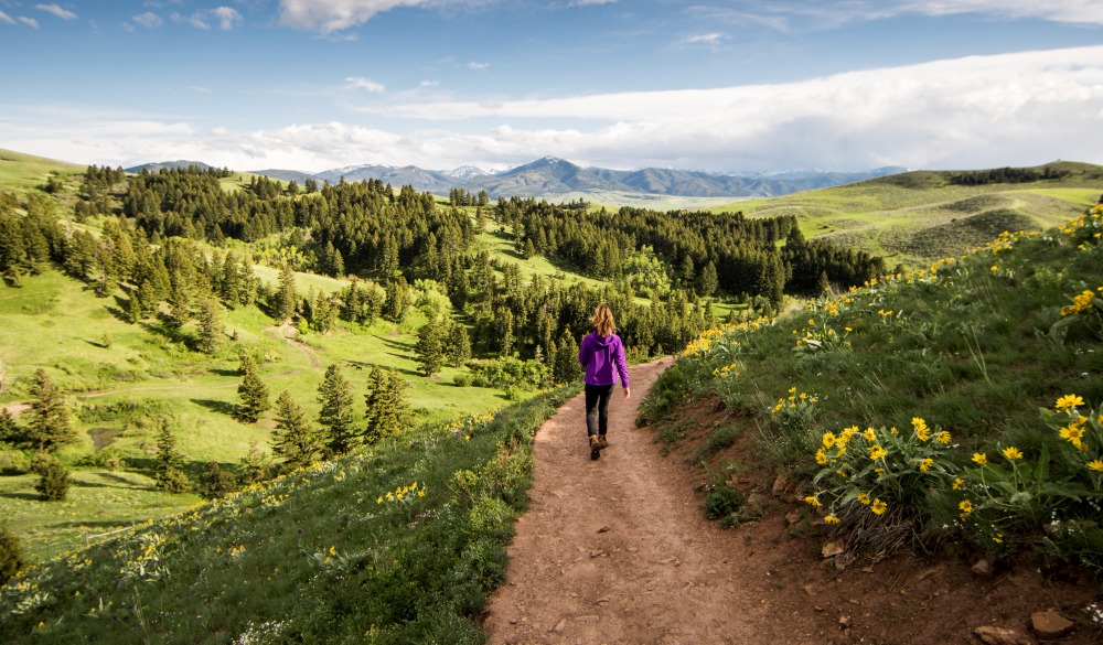 A woman enjoying a day hike on a summer day in Montana