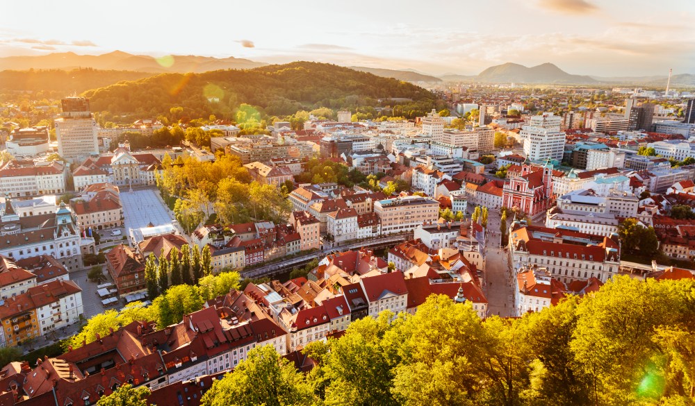 Ljubljana cityscape seen from above at sunset, Slovenia, EU