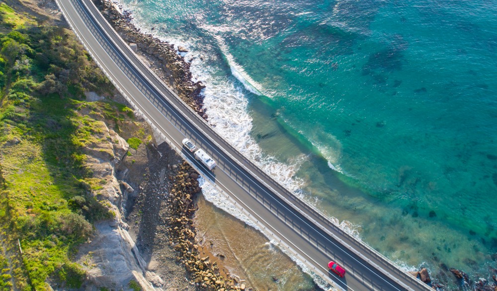 Sea Cliff Bridge, New South Wales Aerial, iconic Australian raad trip destination