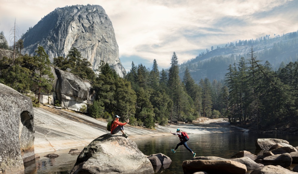 Mother photographing daughter by Emerald Pool above Vernal Falls_Yosemite