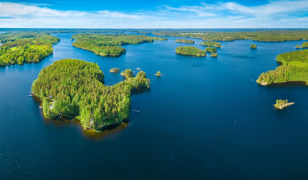 Aerial panoramic view of archipelago in lake Saimaa, Finland