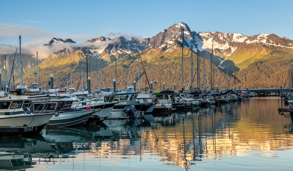 Seward Harbour and Alaska Mountain Range at Sunset