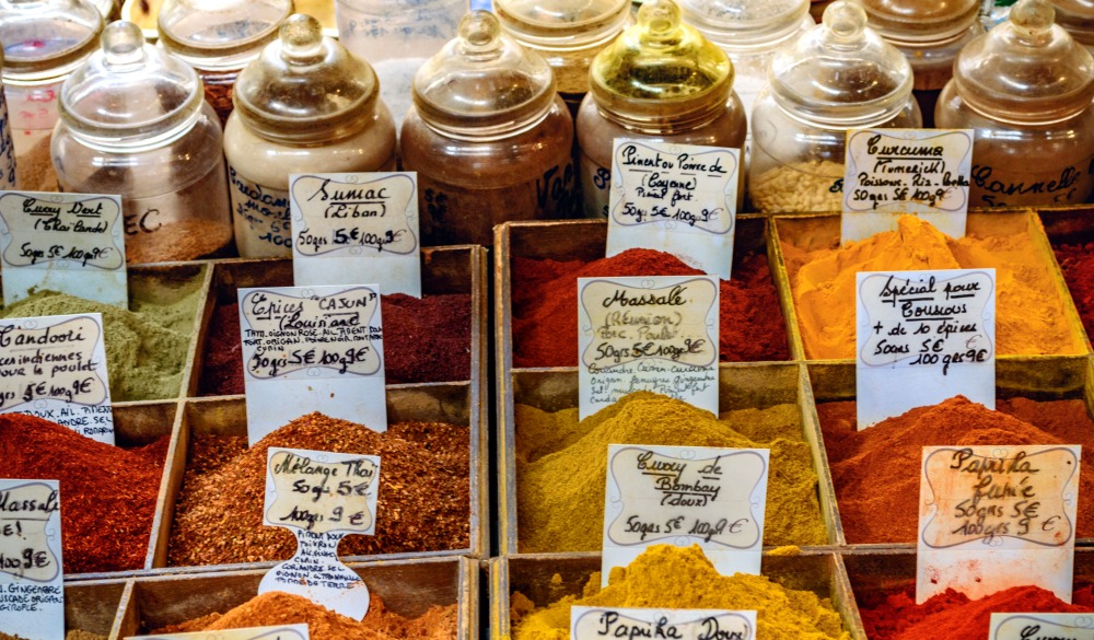 Spice stand in the Provencal Market of Antibes, Cote D'Azur, French Riviera, France