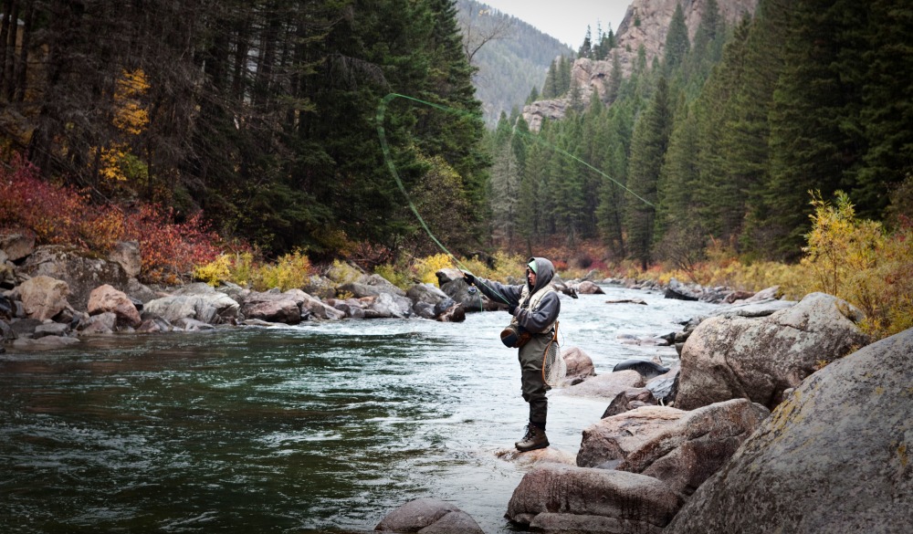 A athletic man fly fishing stands on the banks a river surrounded with the fall colors in Montana., nature travel destinations