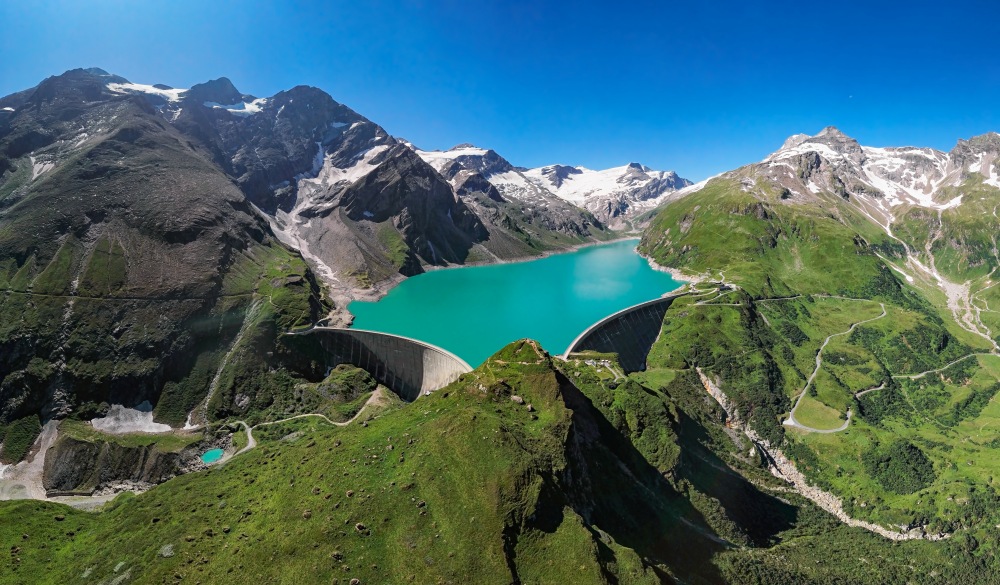 Aerial panorama of Kaprun high mountain reservoirs Mooserboden Stausee dam in the Hohe Tauern, Salzburger land, Austria.