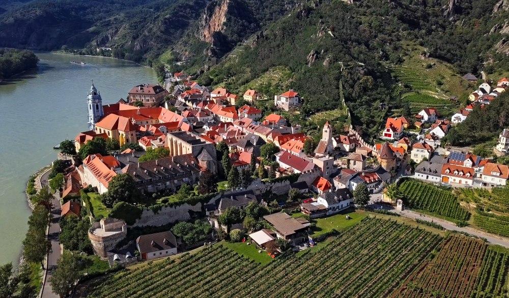 Aerial panorama of Durnstein town. Wachau valley, Austria