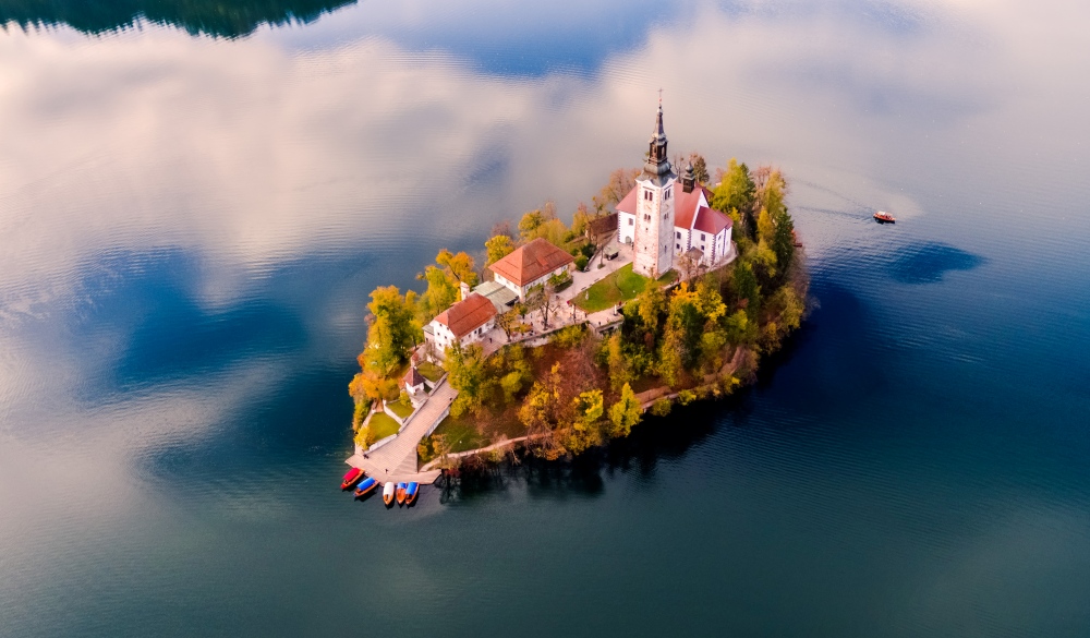 Aerial drone view of Bled island in autumn, Slovenia