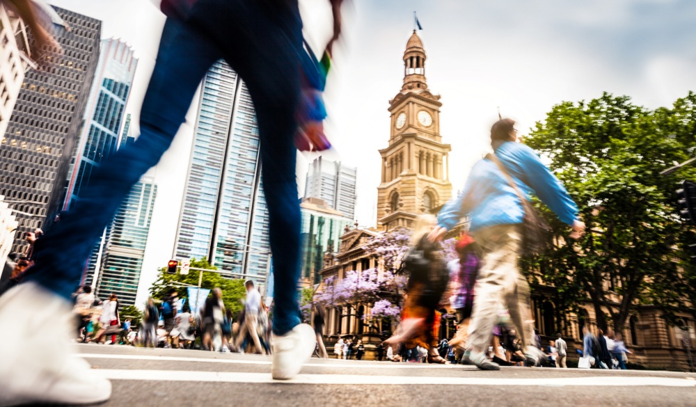 Sydney downtown, intersection people and traffic