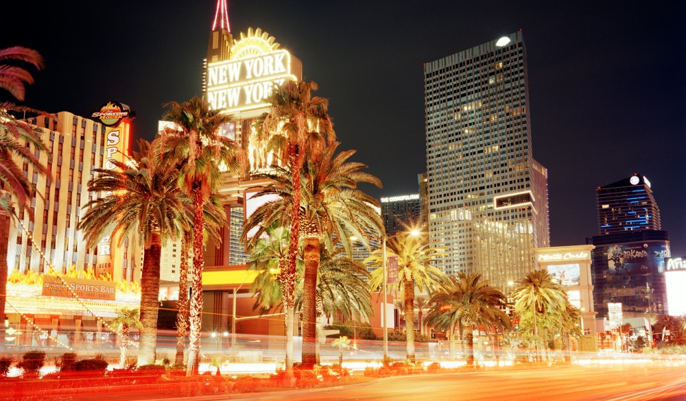 Las Vegas Strip with car trails at night