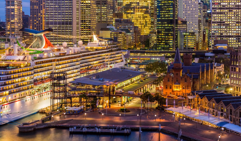 The Rocks & cruise ship at dusk