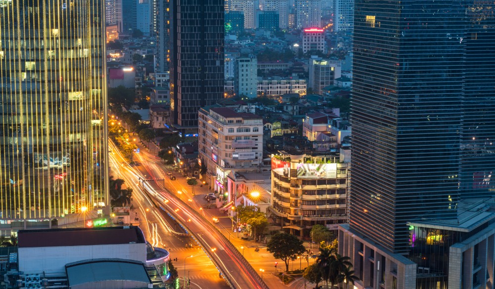 Aerial skyline view of Hanoi. Hanoi cityscape at twilight at Lang Ha street, Ba Dinh district