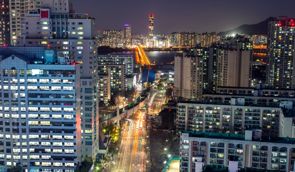 Night view of Jamsil district buildings and traffic speed lights in Seoul