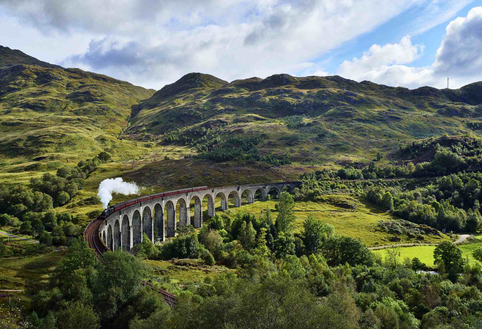 UK, Scotland, Highlands, Glenfinnan viaduct with a steam train passing over it