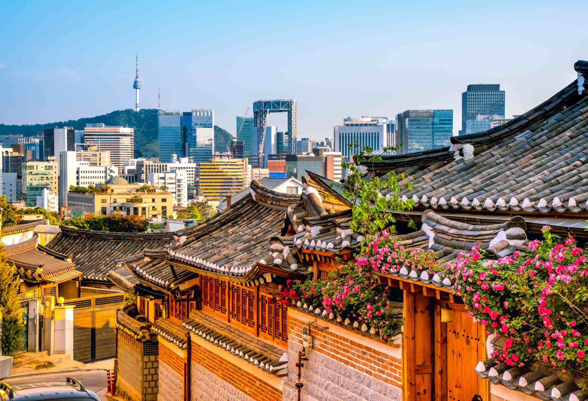 Bukchon Hanok Village with modern building in Seoul, South Korea