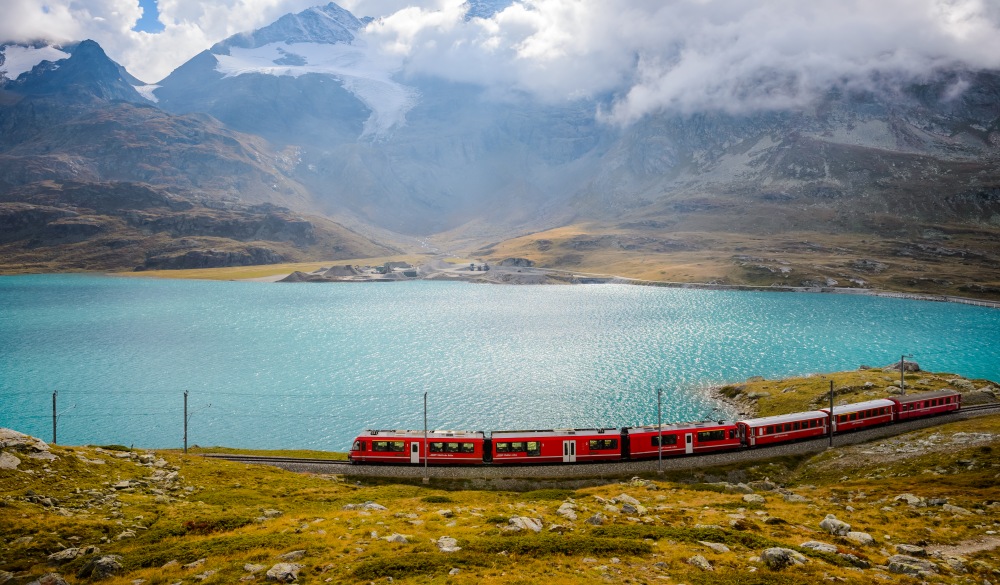 train running on the Bernina railway , scenic train ride