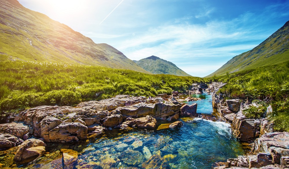 Idyllic scene with mountains and stream in Scottish Highlands near Glen Coe, scottish highlands destinations