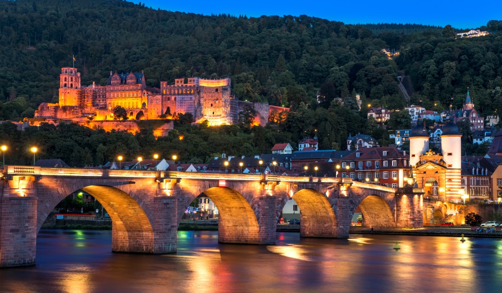 Baden-Wuerttemberg, Heidelberg, View to Old town, Old bridge and Heidelberg Castle, destination for a weekend getaways in europe