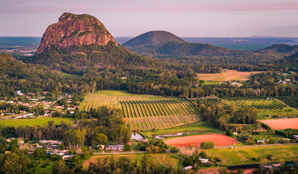 Sunset over Mount Tibrogargan in Glass House Mountains of Queensland