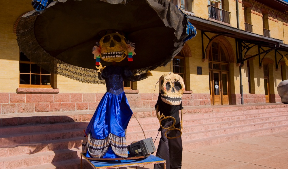 Statues in front of a railroad station building, Three Centuries Memorial Park, Aguascalientes, Mexico