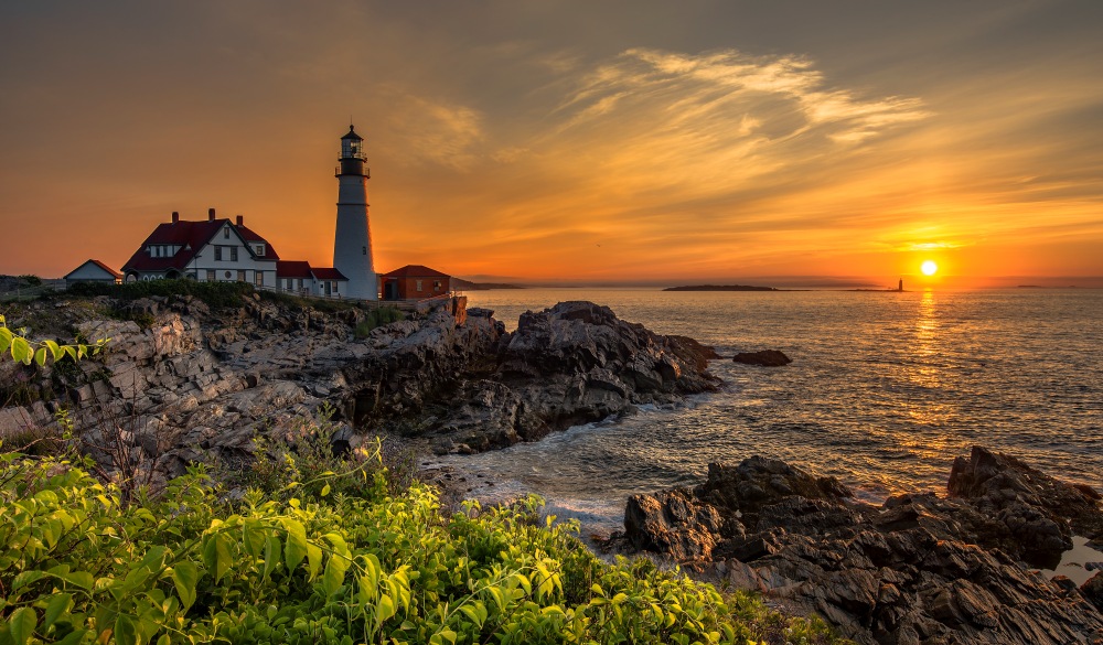 Beautiful sunset at Portland Head Lighthouse, Cape Elizabeth, Maine