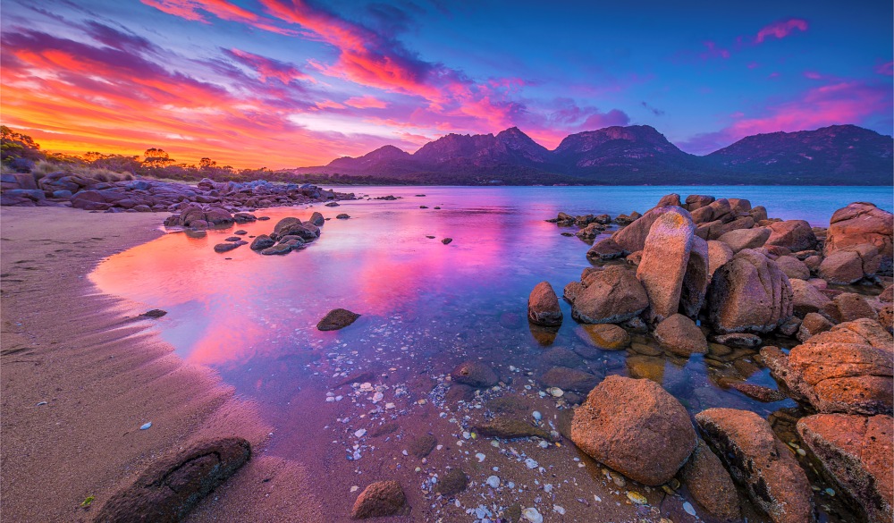 Early morning light in Coles Bay, Freycinet National Park, east coastline of Tasmania.