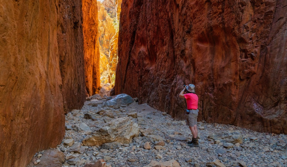 Woman taking a photograph, Standley Chasm, West MacDonnell National Park, Northern Territory, Australia