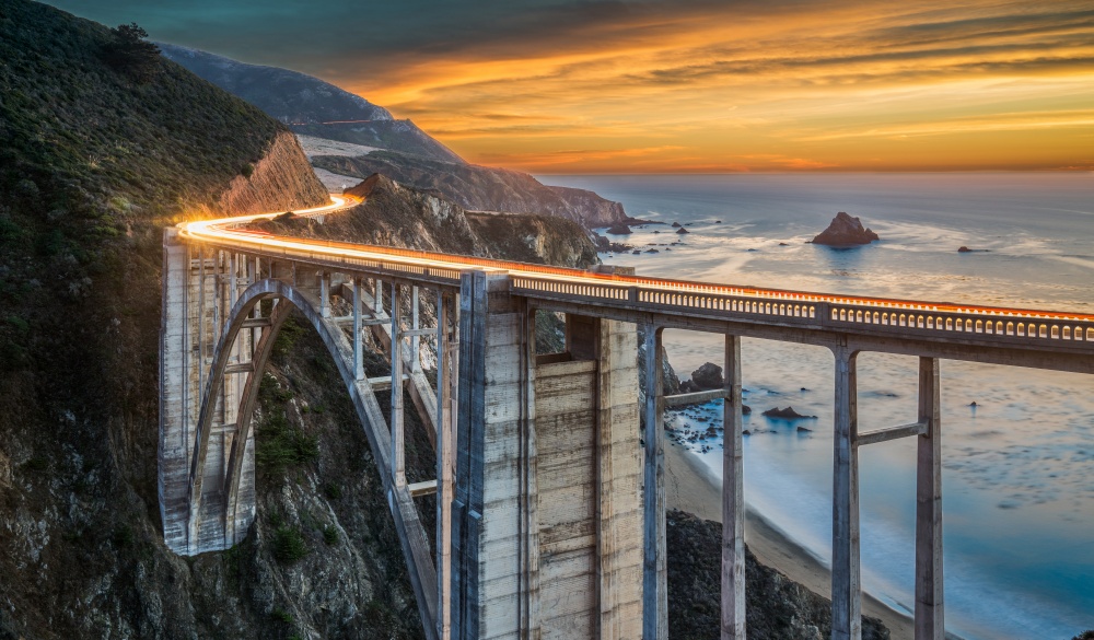 Bixby Bridge at Sunset - Big Sur, CA, motorcycle rides road trip