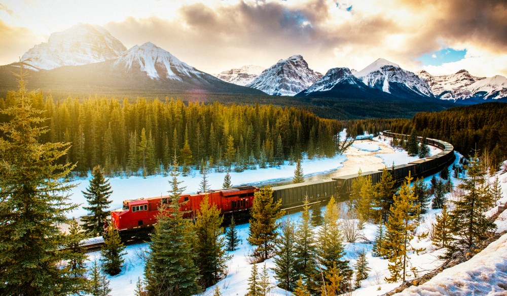 Canadian Pacific Railway Train through Banff National Park Canada, scenic train ride