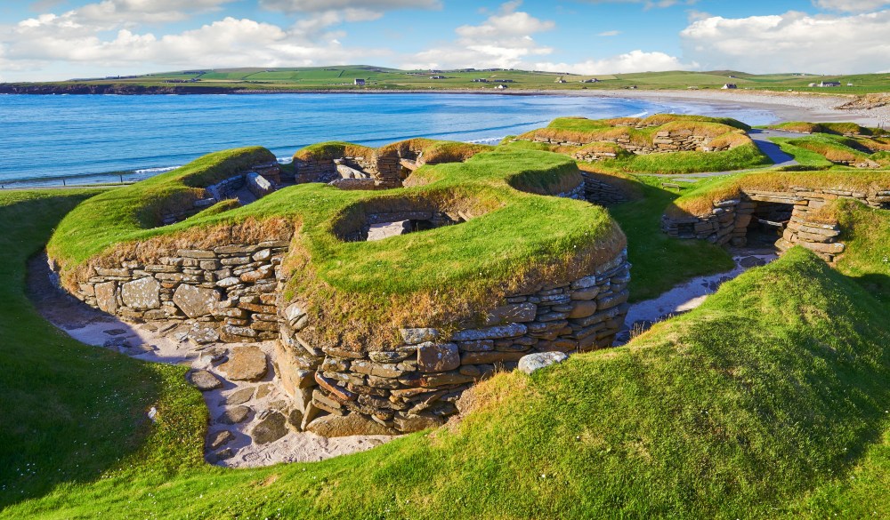 The neolithic settlement of Skara Brae, circa 3000 BC, the best preserved groups of prehistoric houses in Western Europe, UNESCO World Heritage Site, Orkney, Scotland, United Kingdom, scottish highlands road trip destinations