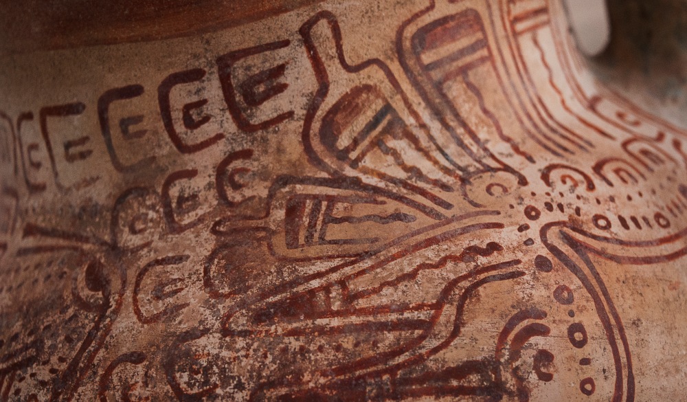 Ancient Painted Maya pottery vessel at Nim Li Punit, Belize