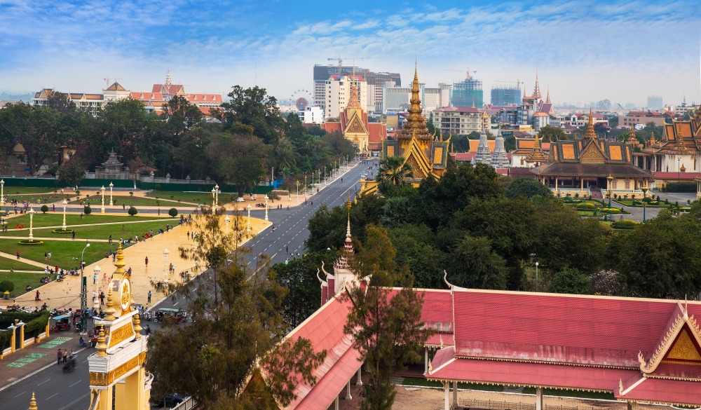 Urban City Skyline (Royal Palace, Silver Pagoda) Phnom Penh, Cambodia.