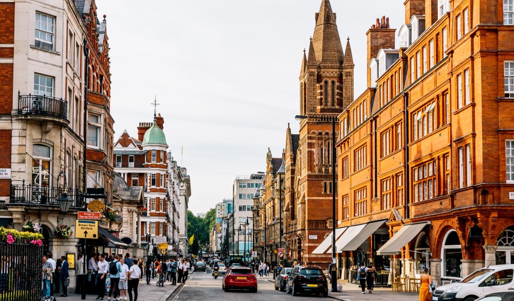 Street in Mayfair district on a sunny day, London, England, UK