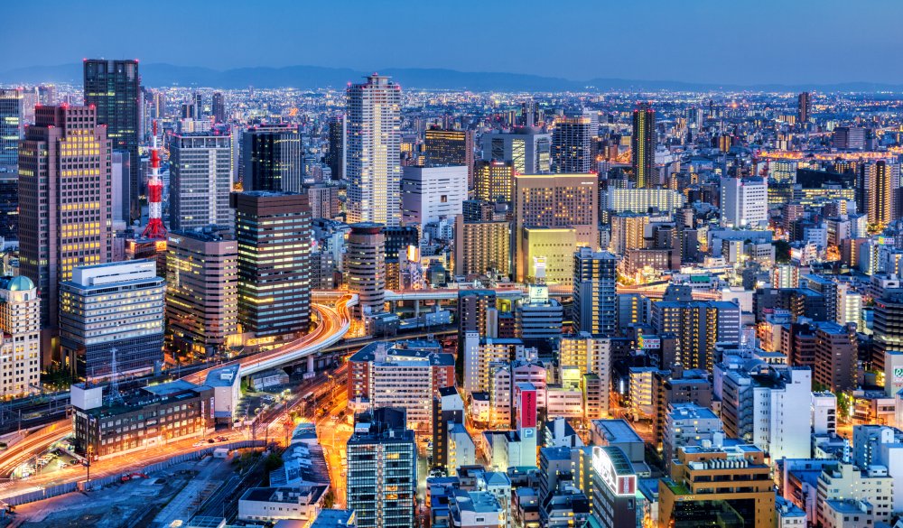 Japan Osaka. Cityscape at sunset