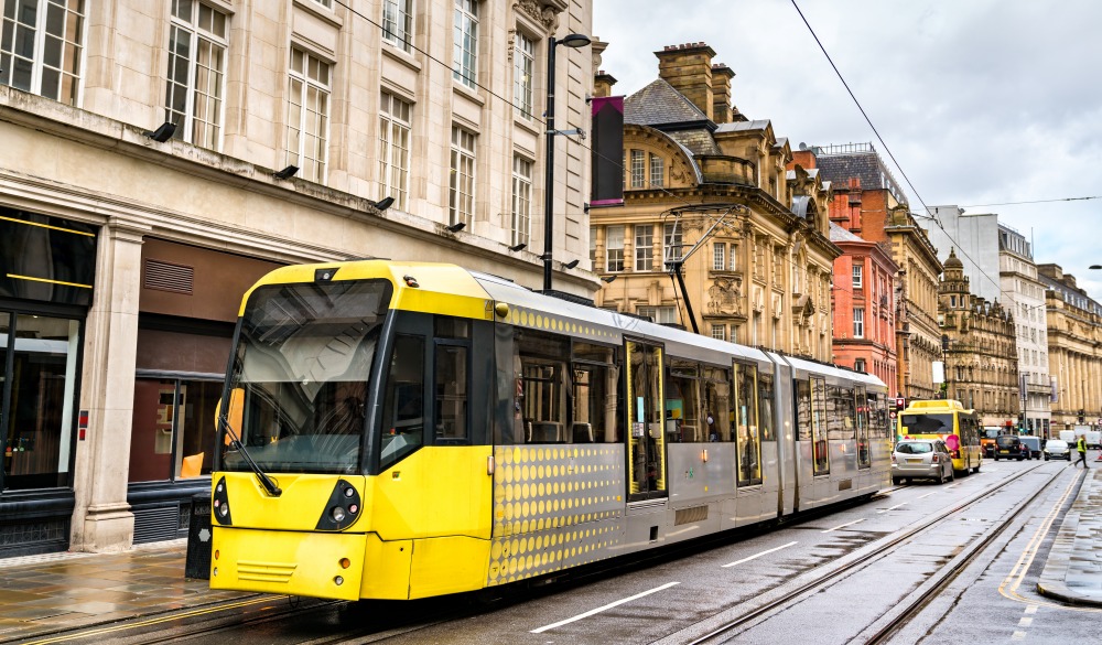 City tram in the centre of Manchester, England