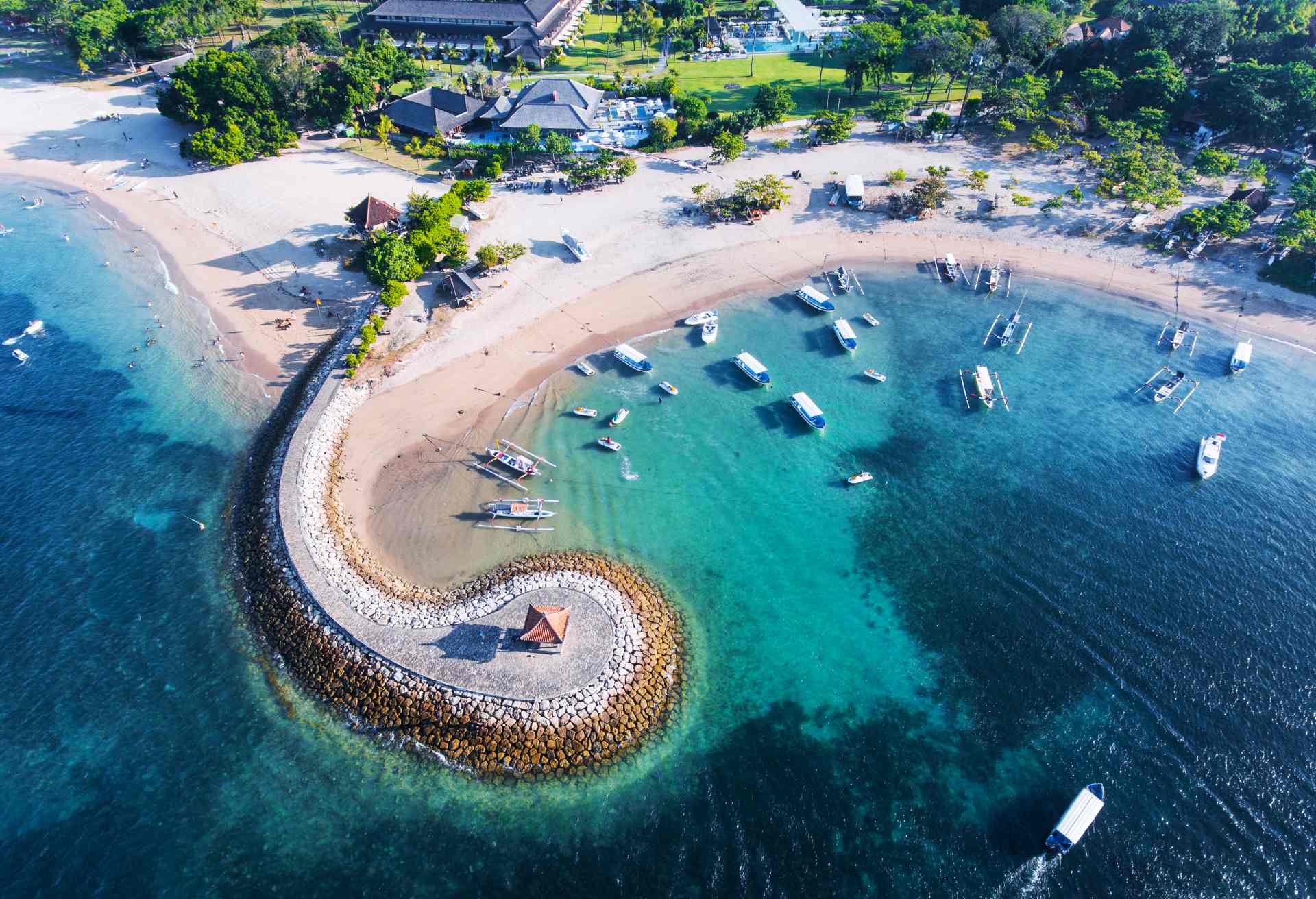 Bali coast with a figurative breakwater aerial view