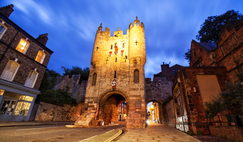 Micklegate Bar at night in York, United Kingdom