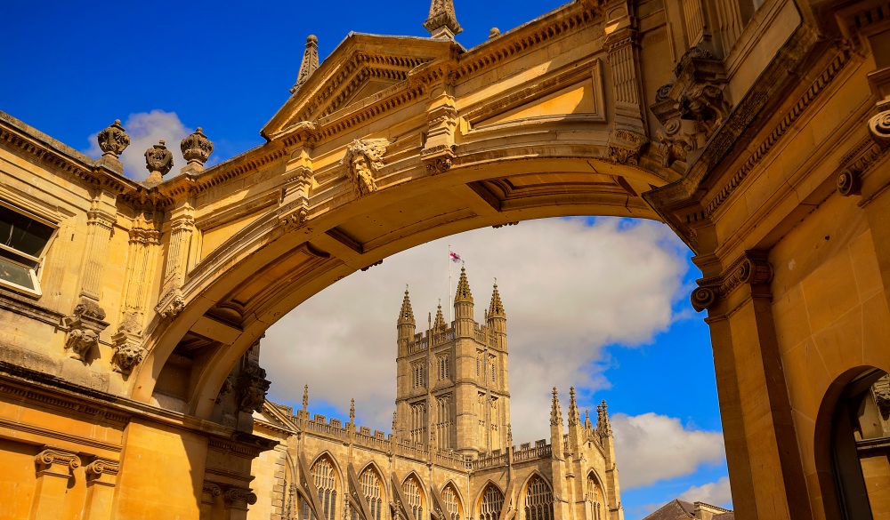 York Street arch and Bath Abbey, Bath, Somerset, United Kingdom