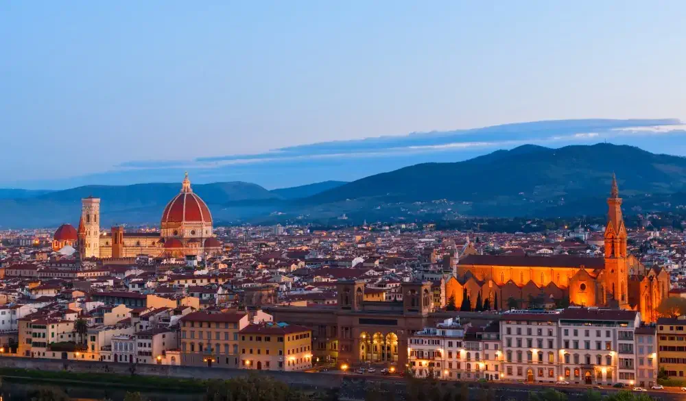 Beautiful views and peace of Florence cityscape in the background Cathedral Santa Maria del Fiore at sunset