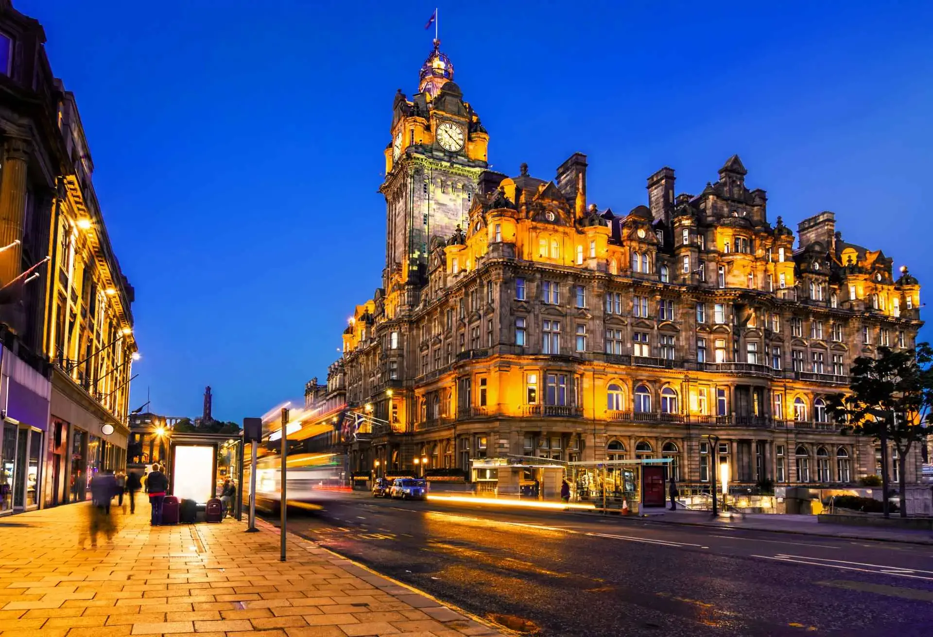Edinburgh, Scotland, at night with light trails of street traffic