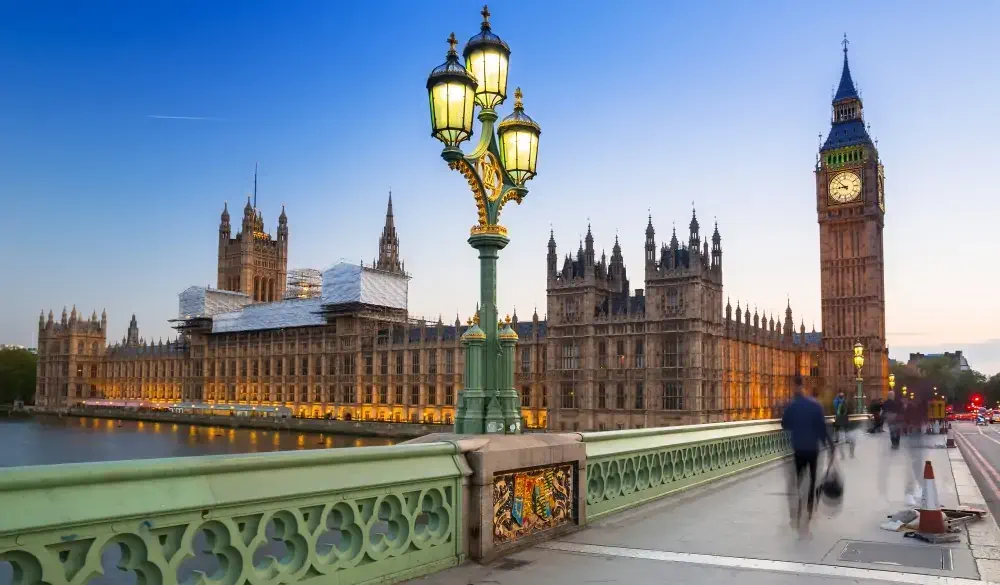 Big Ben and Westminster Bridge in London at dusk, UK; Shutterstock ID 442094926
