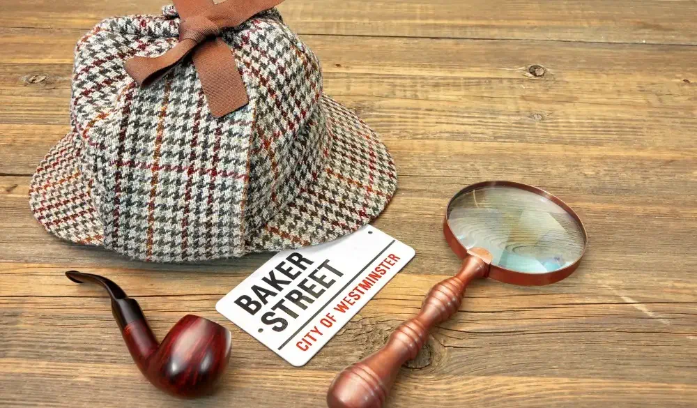Baker Street Signboard, Sherlock Holmes Cap famous as Deerstalker, Smoking Pipe and Vintage Magnifier on Grunge Wood Table; Shutterstock ID 244276822
