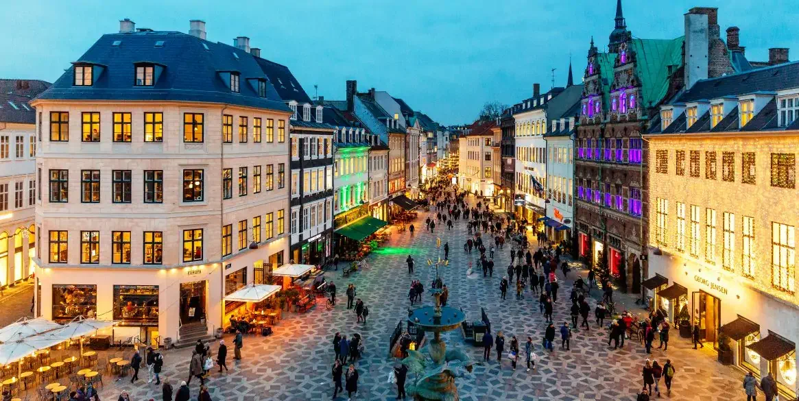 Amagertorv square decorated with Christmas lights, Copenhagen, Denmark
