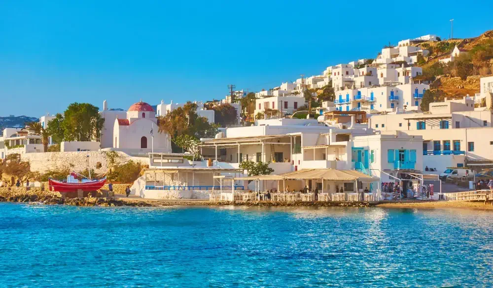 Waterfront in Mykonos in the evening, Greece ; Shutterstock ID 1182593932