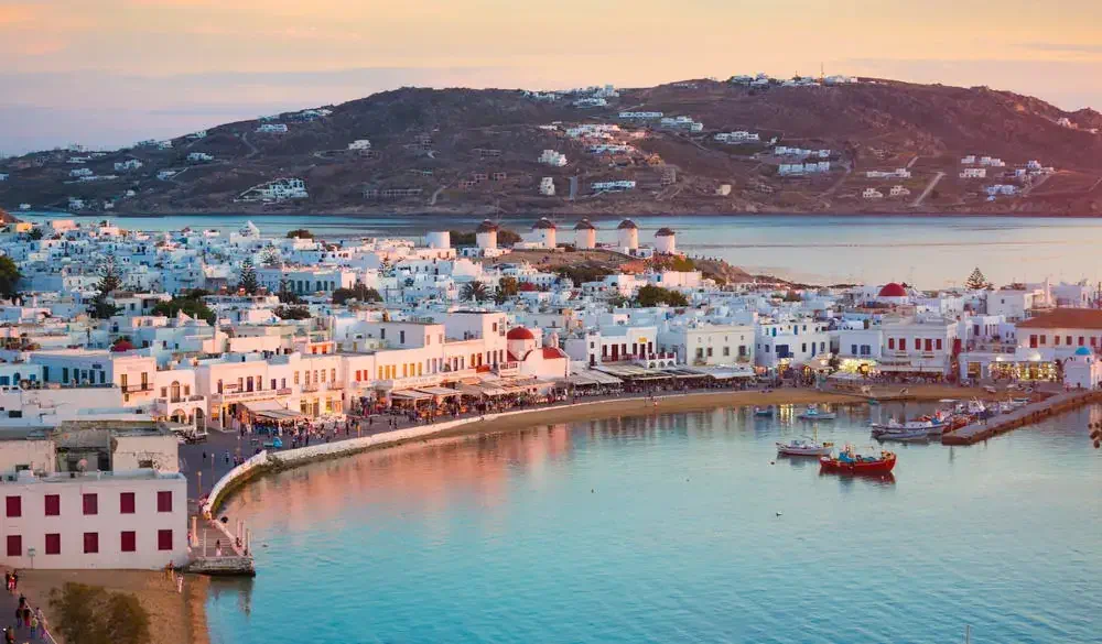 Mykonos town at dusk.