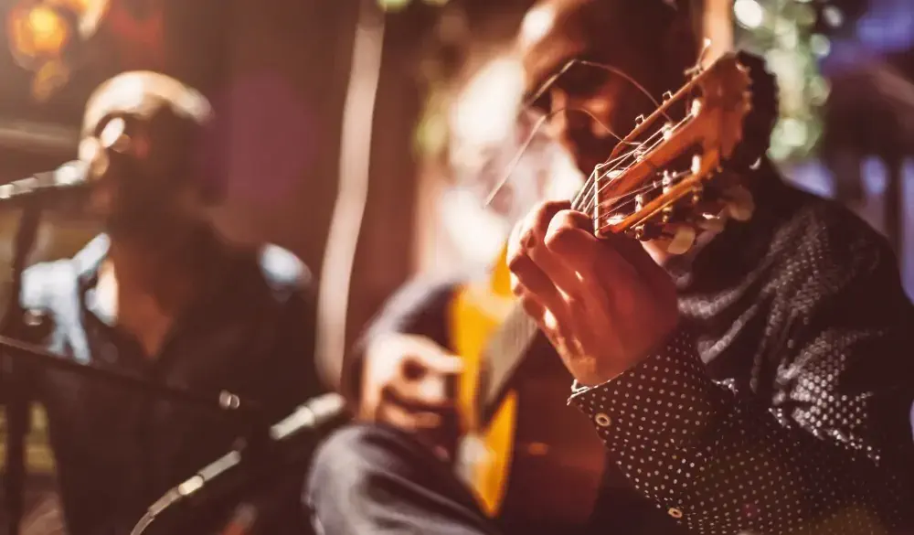 Two male musicians on a stage performing traditional flamenco music.