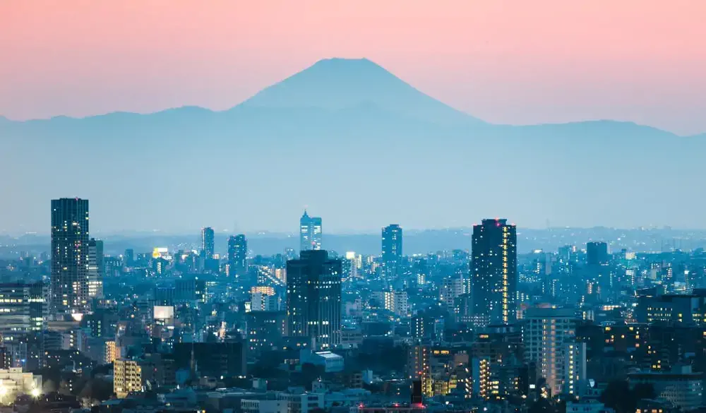 Mount Fuji and Tokyo downtown at sunset. Japan